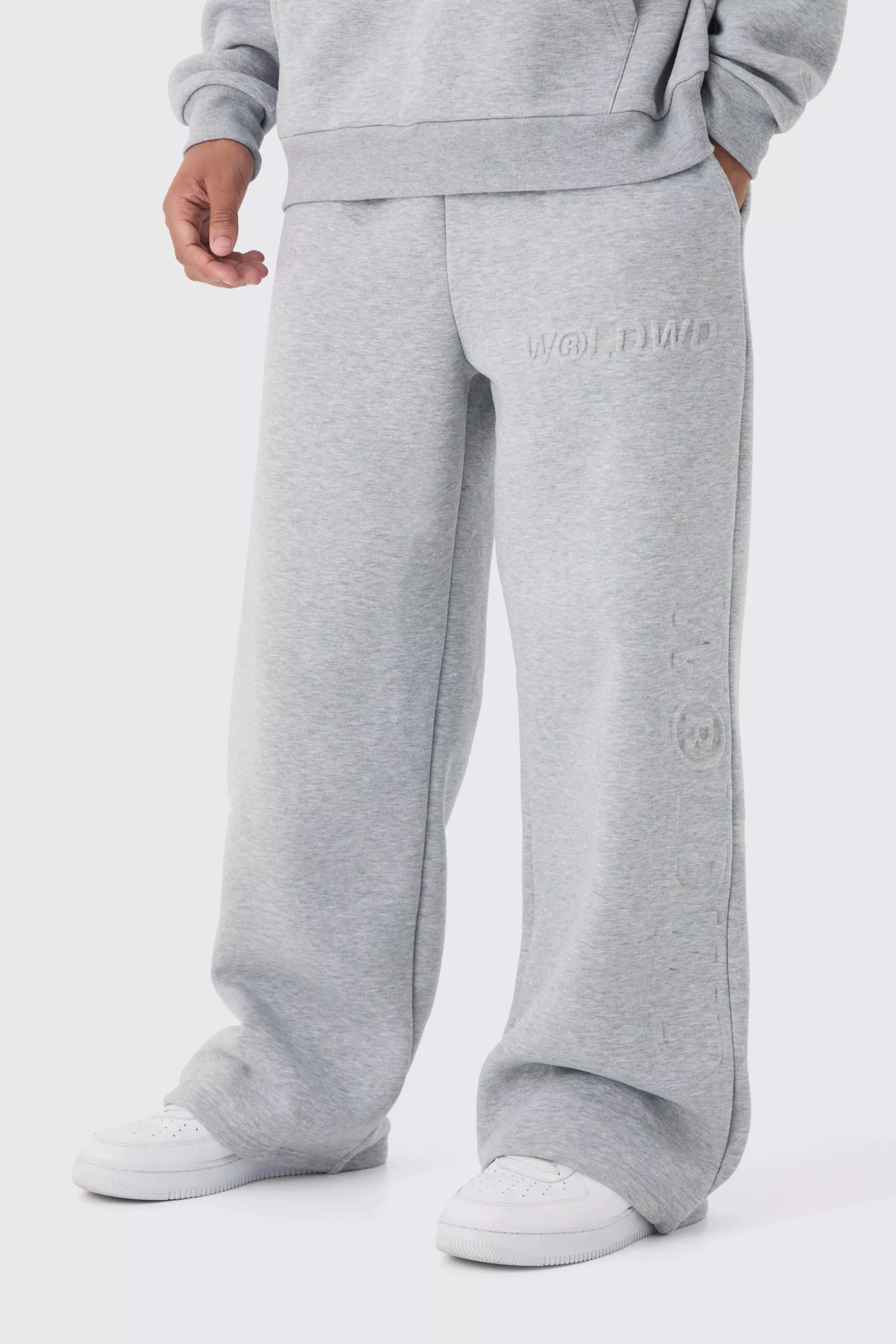 BoohooMAN Men s Embossed Worldwide Wide Leg Sweatpants Gray